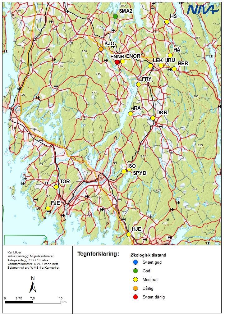 Figur 7 Samlet økologisk tilstand for 17 stasjoner i vannområde Glomma sør for