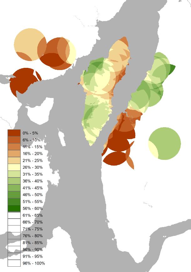 1.6.4. Tromsø Figur 1.17. Transportmiddelfordeling for reiser til sosial infrastruktur i byområde Tromsø, basert på informasjon på grunnkretsnivå.