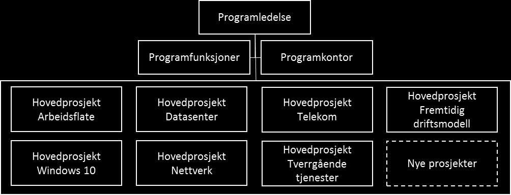 rapportering, og hovedprosjekter med underprosjekter. Programmet skal være et effektivt rammeverk for prosjektene. Programdirektør rapporterer til administrerende direktør i Sykehuspartner HF.