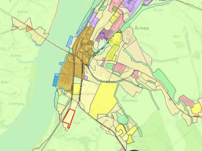 Planstatus for planområdet Planområdet er igjennom kommuneplanens arealdel (vedtatt 31.6.2015) og kommunedelplanen for Årnes vedtatt (17.6.2009) avsatt til boligformål. Figur 2.