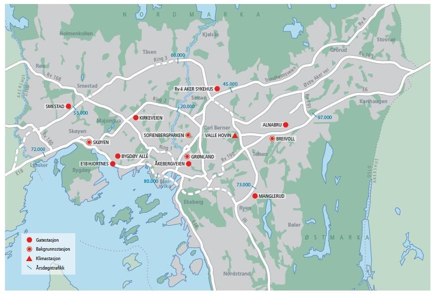 4 Hvordan overvåkes luftkvaliteten? I 2017 ble luften overvåket ved tolv målestasjoner i Oslo, se Figur 2. I tillegg ble det i oktober opprettet en ny stasjon langs E6 ved Alna senter.