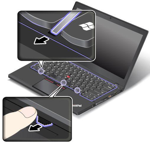 5. Skyv tastaturrammen bakover 2,5 mm ved å bruke den flate enden av flerbruksverktøyet for tastaturet for å skjule hengslene til tastaturrammen under