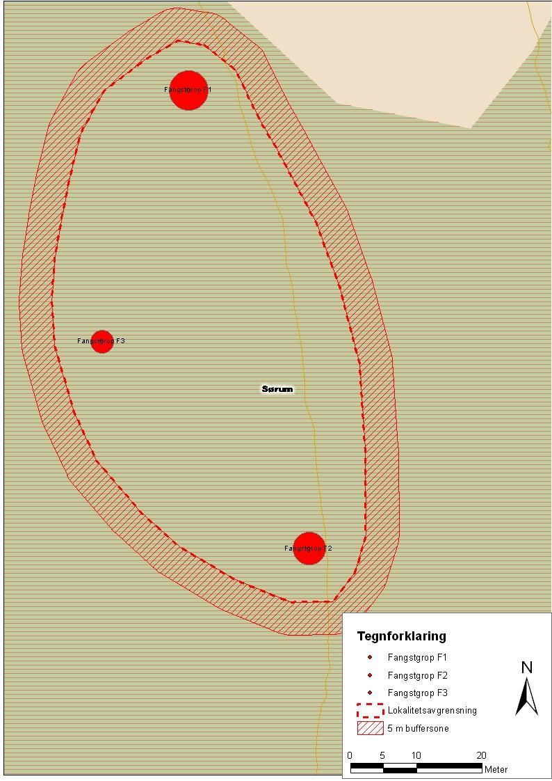 R147672 Fangstanlegg, 99/2 Armoen Fangstgropene ligger på en flate i sørvestre del av planområdet, øst for FV171 og vest for Armoen massetak.