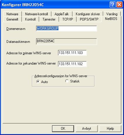 Nettverksutskrift fra Windows : Node-til-node-utskrift for NetBIOS f Velg kategorien NetBIOS. Skriv inn et arbeidsgruppe-/domenenavn.