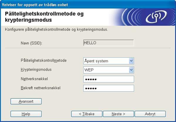 o Hvis nettverket ditt er konfigurert for pålitelighetskontroll og kryptering, vil følgende skjerm vises.