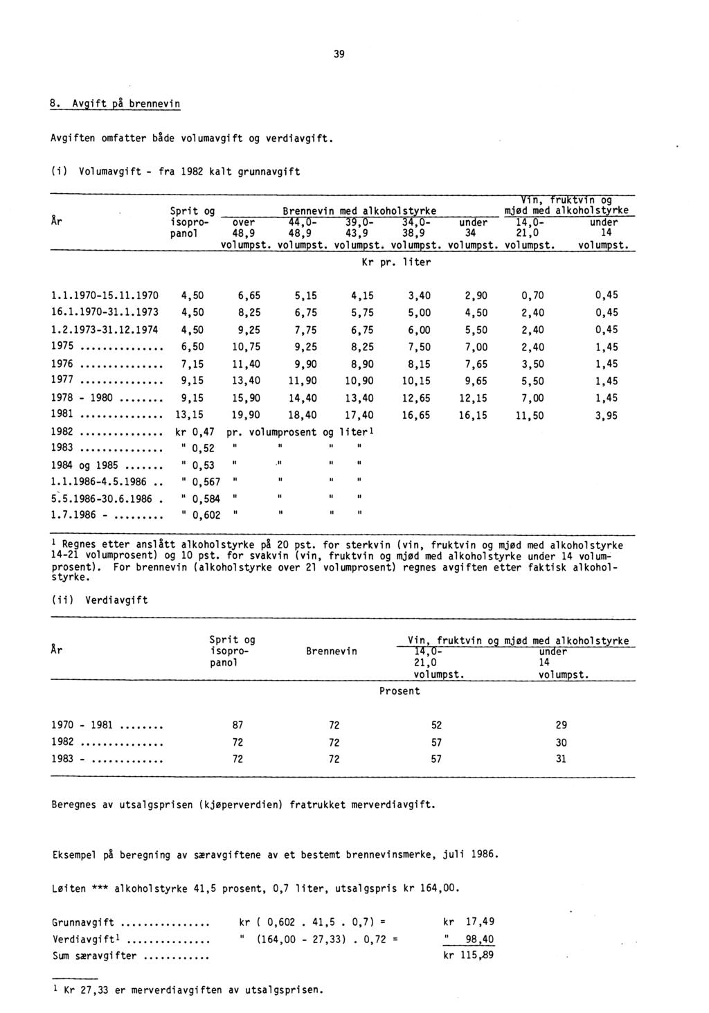 39 8. Avgift pa brennevin Avgiften omfatter bade volumavgift og verdiavgift.