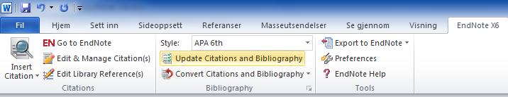 5. Word og EndNote EndNotes verktøylinje, «cite while you write» (CWYW) i Word eller Open Office Writer, hjelper deg med å sette inn henvisninger (citations) i din tekst,