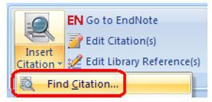 Kommandoer i EndNotes verktøylinje i Word (CWYW) Find citation - å sette inn en henvisning i tekst Velg «Find citation» for