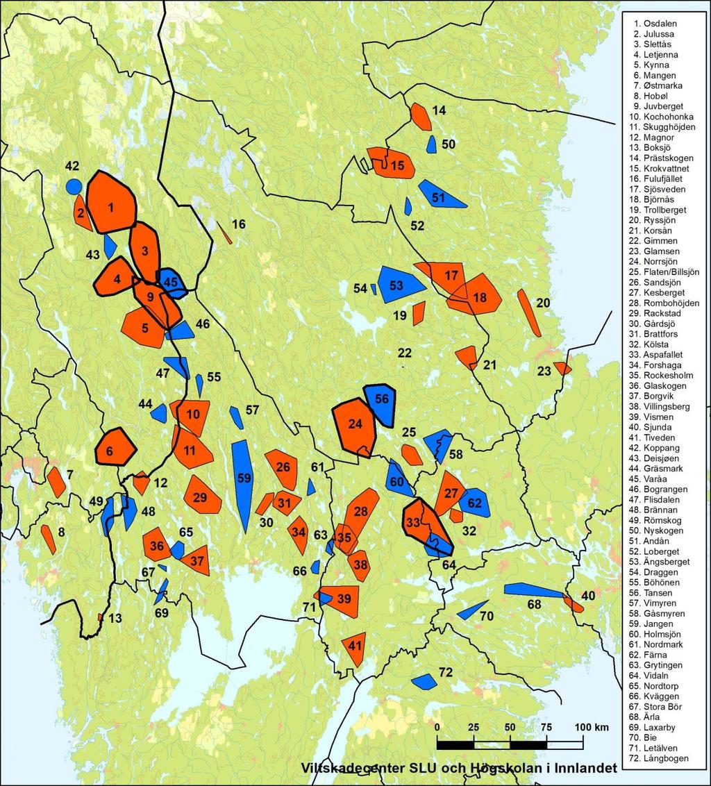 Figur 2. Dokumenterade familjegrupper (röda polygoner) och revirmarkerande par (blå polygoner) av varg i Skandinavien under inventeringsperioden vintern 2017-2018.