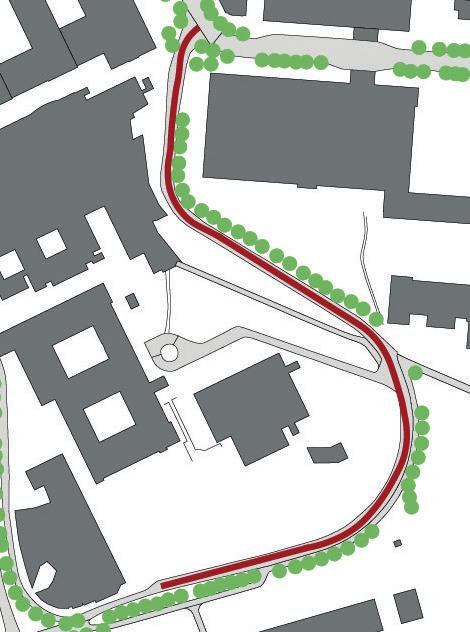 Utformes med stengning for biltrafikk mot Hans Osnes veg - P A Munchs gate. Evt. nytt fortau. Hovedsykkelrute i kjørebane.