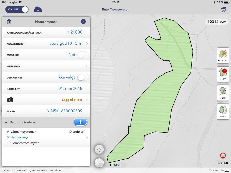 5.8 Slette og nullstille data i appen 5.8.1 Slette et naturområde Du kan slette et område ved å velge det og trykke på Slett. Området slettes i sin helhet, altså både geometri og egenskaper.