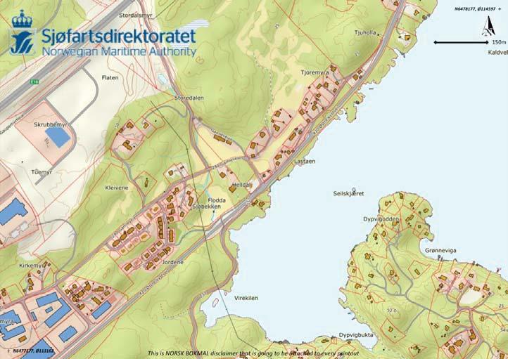 Figur5KartavKaldvellfjordenmedstasjoner(rødepunkt)forloggingavsaltholdighet (http://kart.fiskeridir.no).