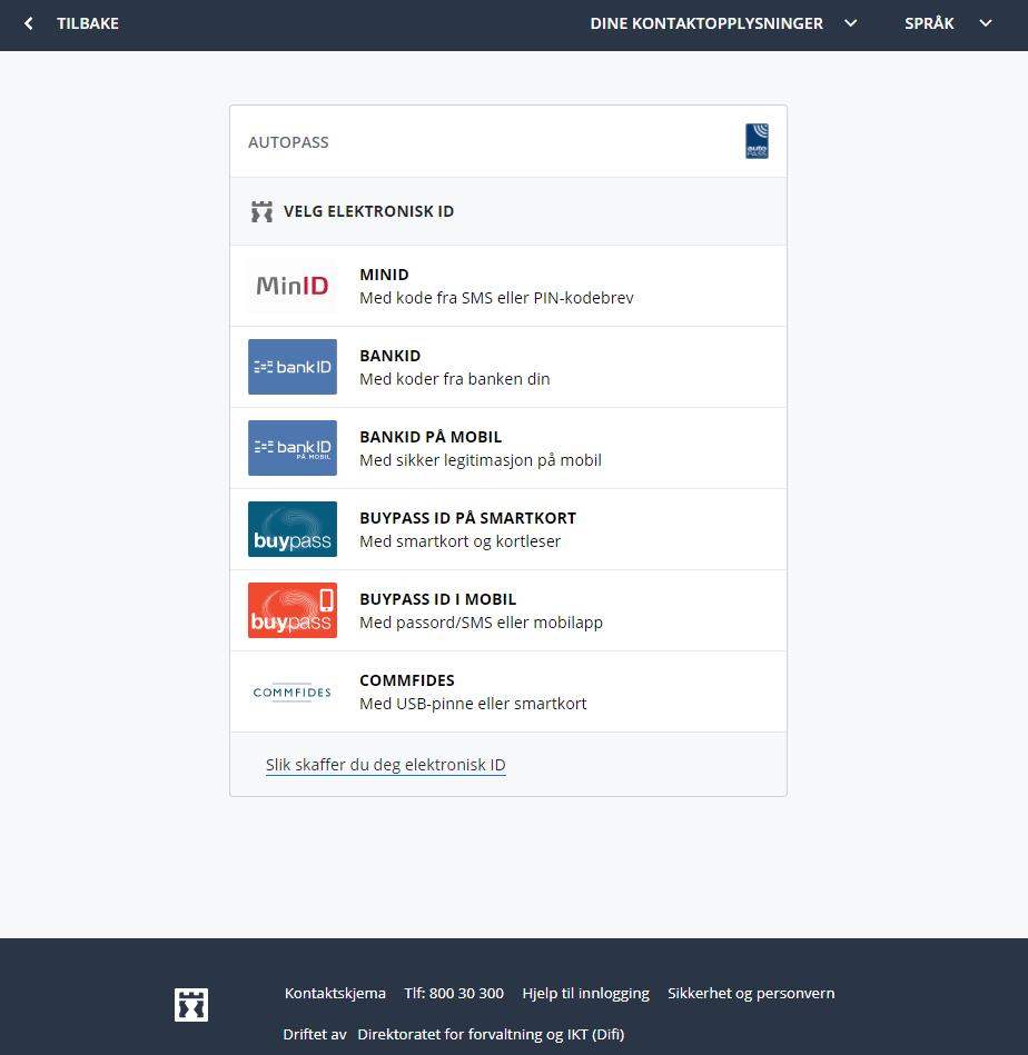 Etter du velger «Logg inn» vil følgende side komme opp. Når man benytter elektronisk ID til innlogging, er det mulig å benytte seg av flere forskjellige IDtyper. F.eks.