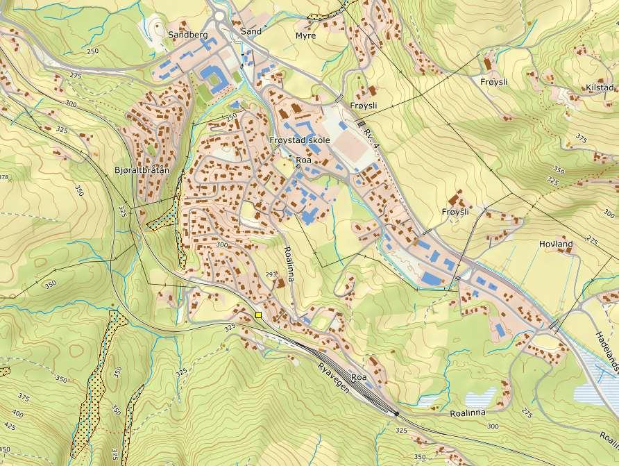 Aktsomhetssone for flomog jordskred Historisk skred Figur 6 Kart som viser aktsomhetssone for flom- og jordskred ved Bjønnbekken og historisk skred vist med gul firkant (DSB kart).