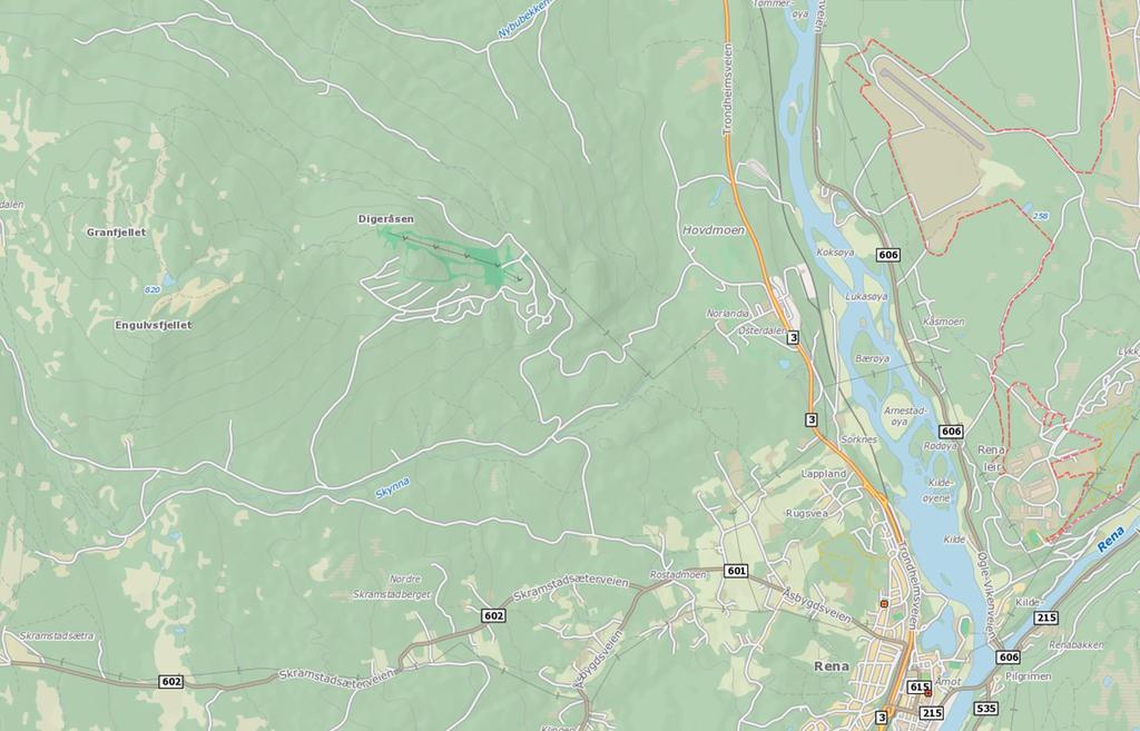 KART Ypperlige muligheter for jakt og friluftsliv Veibeskrivelse Følg RV 3, 4,6 km nord for Rena sentrum, ta av til venstre ved Hovdmoen til Østerdalen Hotell / Sorknes golfklubb / YX bensinstasjon.