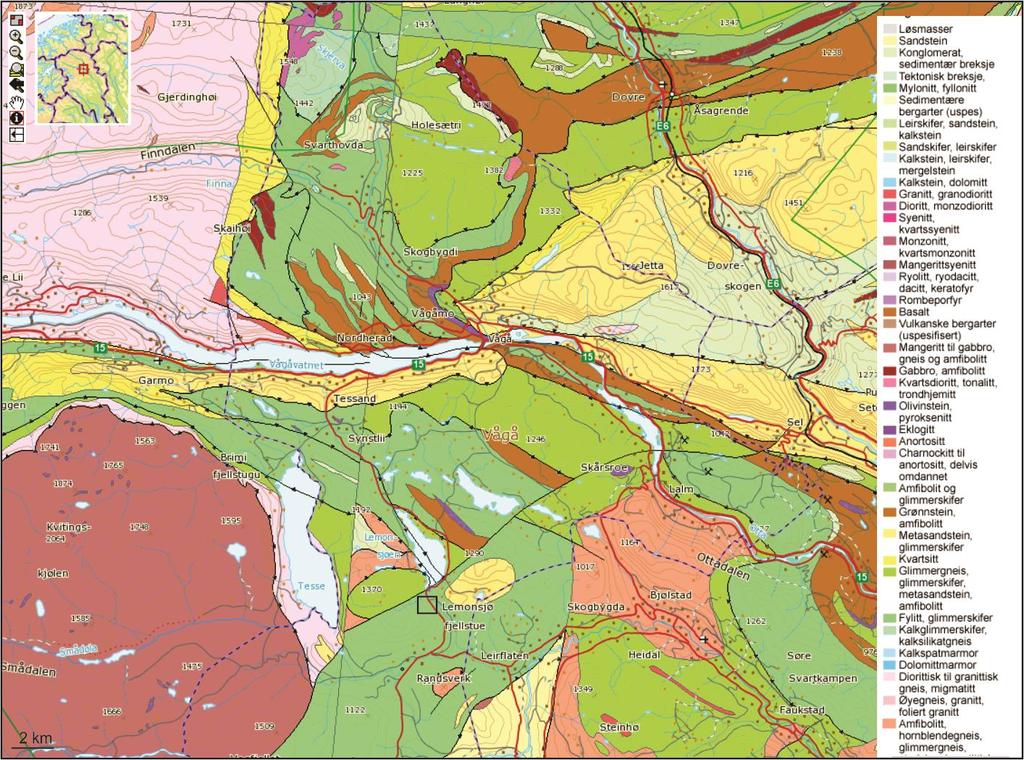 KAPITTEL 2 GEOLOGI 2.1. Berggrunnsgeologi I det undersøkte området er bergarten kartlagd som fyllitt og det er kartlagd ulike gneistypar i nærleiken (Figur 6).