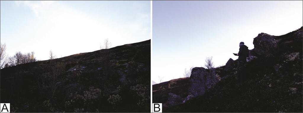 Figur 15: A og B: I fjellsida kring 200 meter ovanfor planområdet er det eit avgrensa område med helling over 30. Her er det enkelte moreneblokker og fjell i dagen.