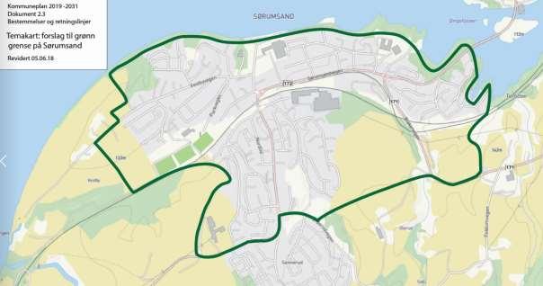 Med utgangspunkt i dagens byggesone ved Sørumsand foreslås følgende grønne grense: Fig 9 Forslag til grønn grense for Sørumsand Forslaget omfatter det som framstår som en naturlig avgrensing av