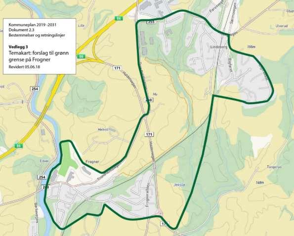 Fig 10 Forslag til grønn grense på Frogner Forslaget tar utgangspunkt i det som framstår som en naturlig avgrensing av de utbygde og regulerte områdene nærmest sentrum. Melvoldjordet er tatt med.