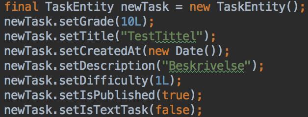 Et eksempel på dette kan vi se på figuren over. Kodesnutten kommer fra en enhetstest, der man instansierer en nytt objekt av type TaskEntity.