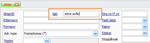 Aktør Endring av plassering i Aktør-skjermbildet for feltene "Søkenavn" og "Søk" Feltet "Søk" er nå plassert til høyre for feltet "AktørID".