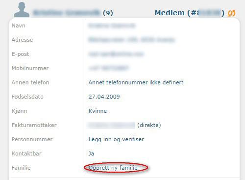 Fra profilsiden kan man enten klikke på [Opprett ny familie] i boksen med navn og adresse til venstre eller [Opprett ny familie med.