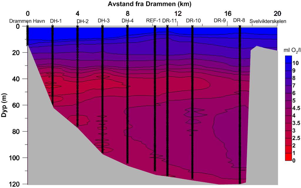 Side: 11 Figur 8 og Figur 9 viser oksygenkonsentrasjonen i vannmassene i Drammensfjorden i juni og juli 2011.