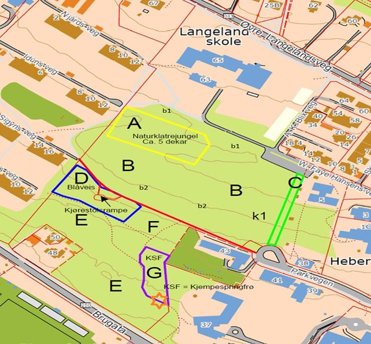 Delområder A: I et område på ca. 5 dekar (markert med gult polygon på kartet) ønsker Langeland skole å etablere en naturklatrejungel.