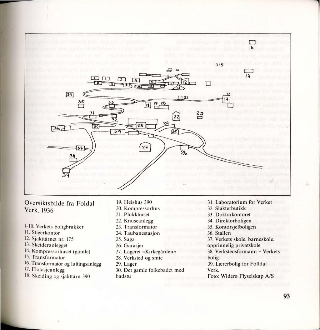 7 D lb a Cl 015 Oversiktsbilde fra Folda! Verk, 1936 1-10. Verkets boligbrakker 11. Stigerkontor 12. Sjakttårnet nr. 175 13. Skeideranlegget 14. Kompressorhuset (ga ml e) 15. Tra nsformator 16.