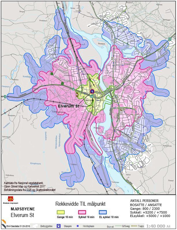 Figur 2.9: Rekkeviddekart for 10 minutters avstand til Elverum stasjon. I Elverum er det 800 personer som bor innenfor ti minutters gangavstand til togstasjonen, og 2.300 ansatte.