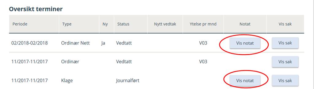 Vis Trykk på Vis hvis du ønsker å se detaljer på den enkelte termin. Du kommer da inn i Vis sak bildet Notat Her vises notatet som er skrevet på saken.