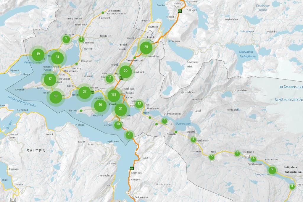 6.2 Kart over skadde og drepte i Fauske kommune 2010-2017 På www.vegkart.no kan en finne oversikt over ulykker i de forskjellige områdene av kommunen. 6.