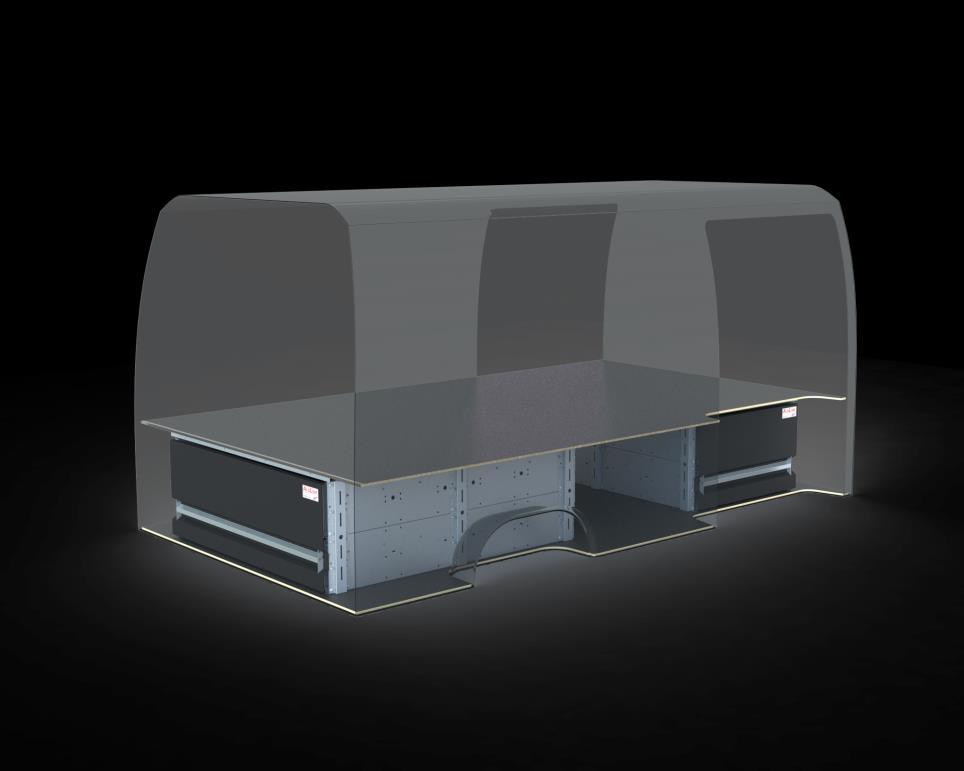 Undergulvskuff for medium varebiler L2 Samtlige undergulvskuffer kan benyttes så lenge de er plass mellom hjulkasser. Løsningene forutsetter at det er 12mm gulv i bil for innfestning.