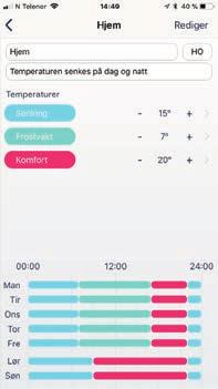 Her kan du lage og sette opp et eget ukeprogram med ulike varme og senkeperioder etter ditt behov. PS! Ukeprogram for Wi-Fi Smart Plugg redigeres og aktiveres fra Hovedsiden.