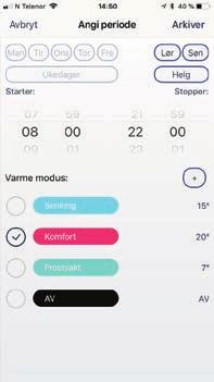 Klikker du inn på et ukeprogram vises tidsperioden programmet varmer og senker temperaturen.