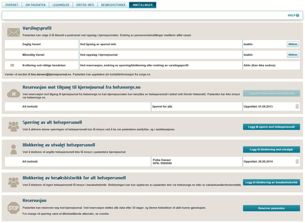 8 Innstillinger Skjermbilde 28: Kjernejournal - siden Innstillinger I siden Innstillinger kan helsepersonell bistå pasienten med å gjøre ønskede tilpasninger i kjernejournal.