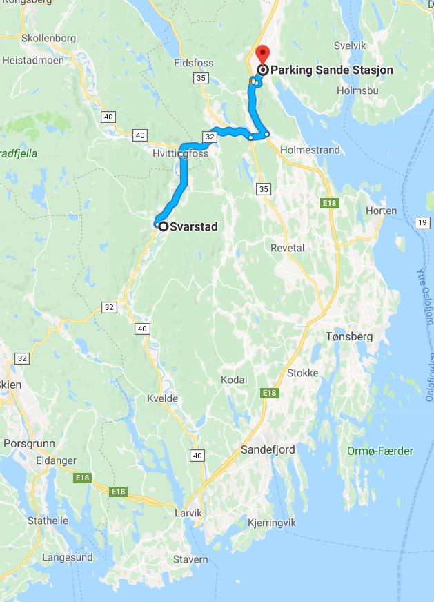 Reisevei fra tettsteder i kommunen Svarstad/Lardal: Raskeste reise til pendlerparkeringen på Sande stasjon (totalt 202 plasser).