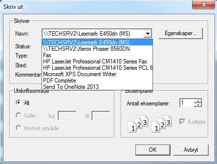 40 Hvis vi velger en annen enn standardskriver får vi opp følgende spørsmål : Svar ja, da husker programmet hvilken skriver utskriften skal sendes til neste gang så man slipper å trykke inn bryteren
