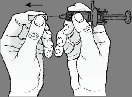 Hold sprøyten i sprøytekroppen med én hånd, og trekk beskyttelseshetten rett av med den andre hånden (figur 4). Figur 4 Det kan være en liten luftboble i væsken inne i sprøyten.