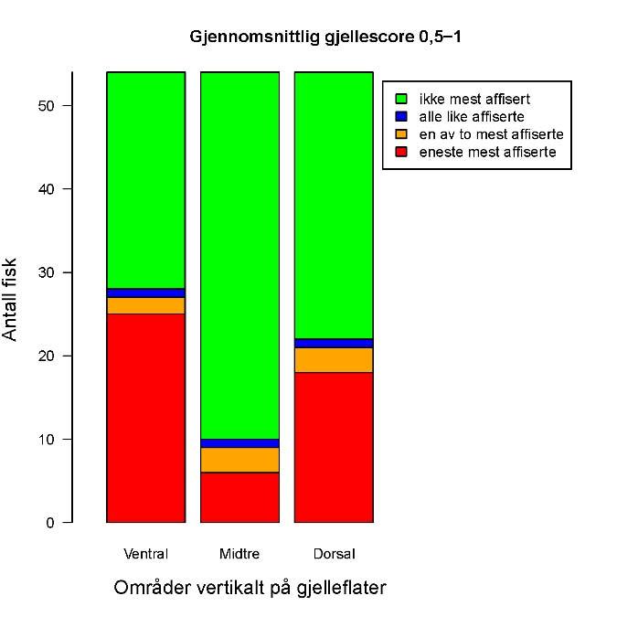 A B C D Figur 10: Vertikal fordeling av lesjoner på hver enkelt gjelleflate innenfor grupper av fisk med gjennomsnittlig gjellescore < 0,5 (A), 0,5-1,0 (B), 1,0-1,5 (C) og > 1,5 (D).