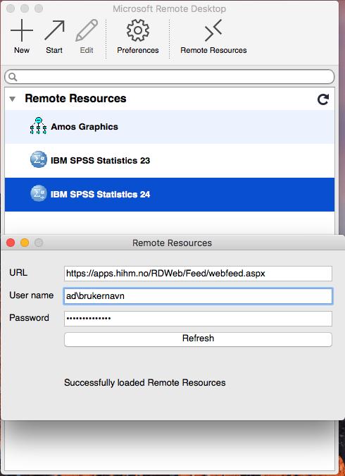 Steg 3. Når Microsoft Remote Desktop er åpnet, kan du klikke på «Remote Resources» øverst i høyre hjørne. I vinduet som åpner seg fyller du inn følgende informasjon: URL: https://apps.hihm.