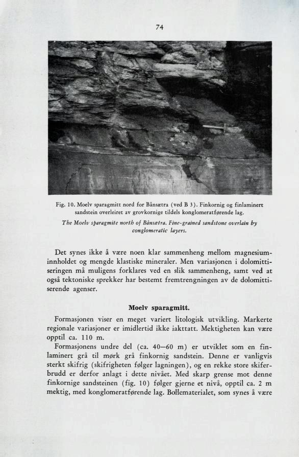 74 Fig. 10. Moelv sparagmitt nord for Bånsætra (ved B 3). Finkornig og finlaminert sandstein overleiret av grovkornige tildels konglomeratførende lag. The Moelv sparagmite north of Bånsætra.