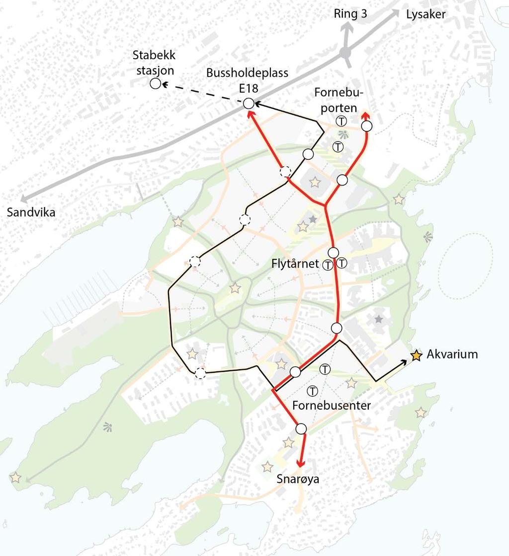 Alternativ 2 Matebuss til T-banestasjonene Beskrivelse Alternativet beskriver en løsning der gatebredden på Forneburingen beholdes som i dag, og Forneburingen vest betjenes av en minibuss,