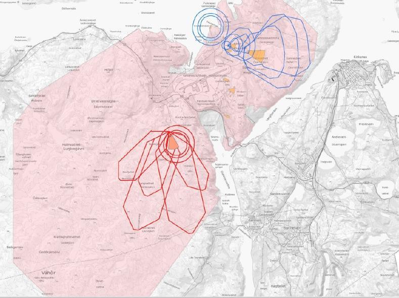 Forsvarets eksisterende og planlagte skyte- og øvingsfelt inklusiv sikkerhetssoner Merknader: 1.