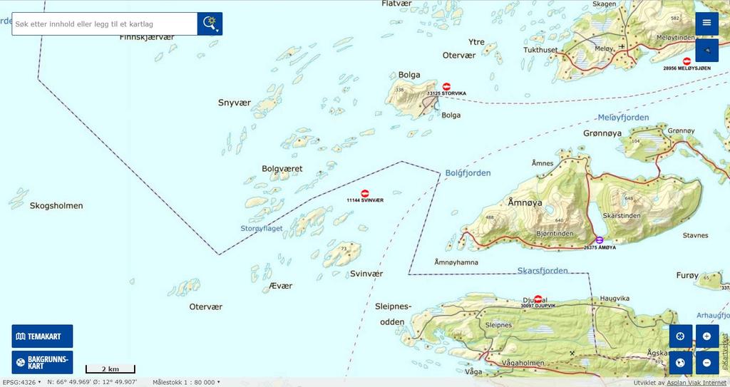 Figur 1: Oversiktskart som viser anleggsplassering og undersøkelsesområdet. Målestokk 1:80 000. Kilde: Fiskeridirektoratets karttjeneste.