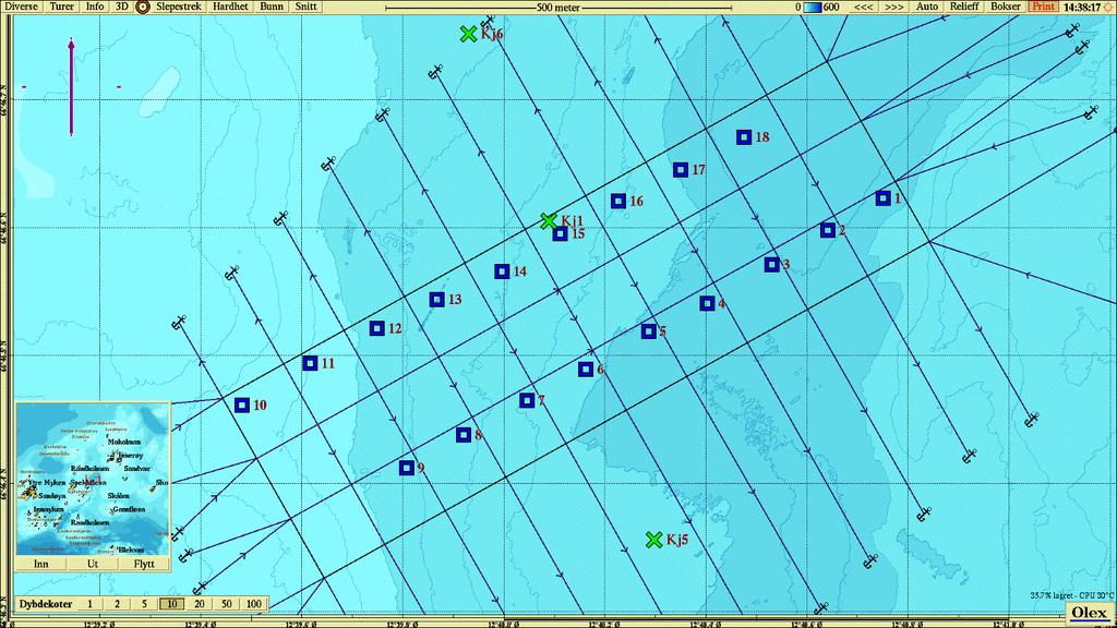 Figur 3: Sjøkart som viser bunndata fra Kjølsøyvær i 0,46 meters oppløsning, planlagt anleggsplassering og fortøyningsliner sammen med