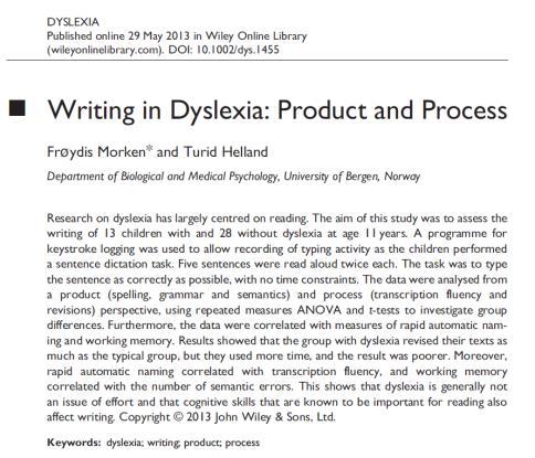 Morken, F., & Helland, T. (2013). Writing in lexia: Product and Process. lexia, 19(3), 131-148. doi:10.1002/dys.
