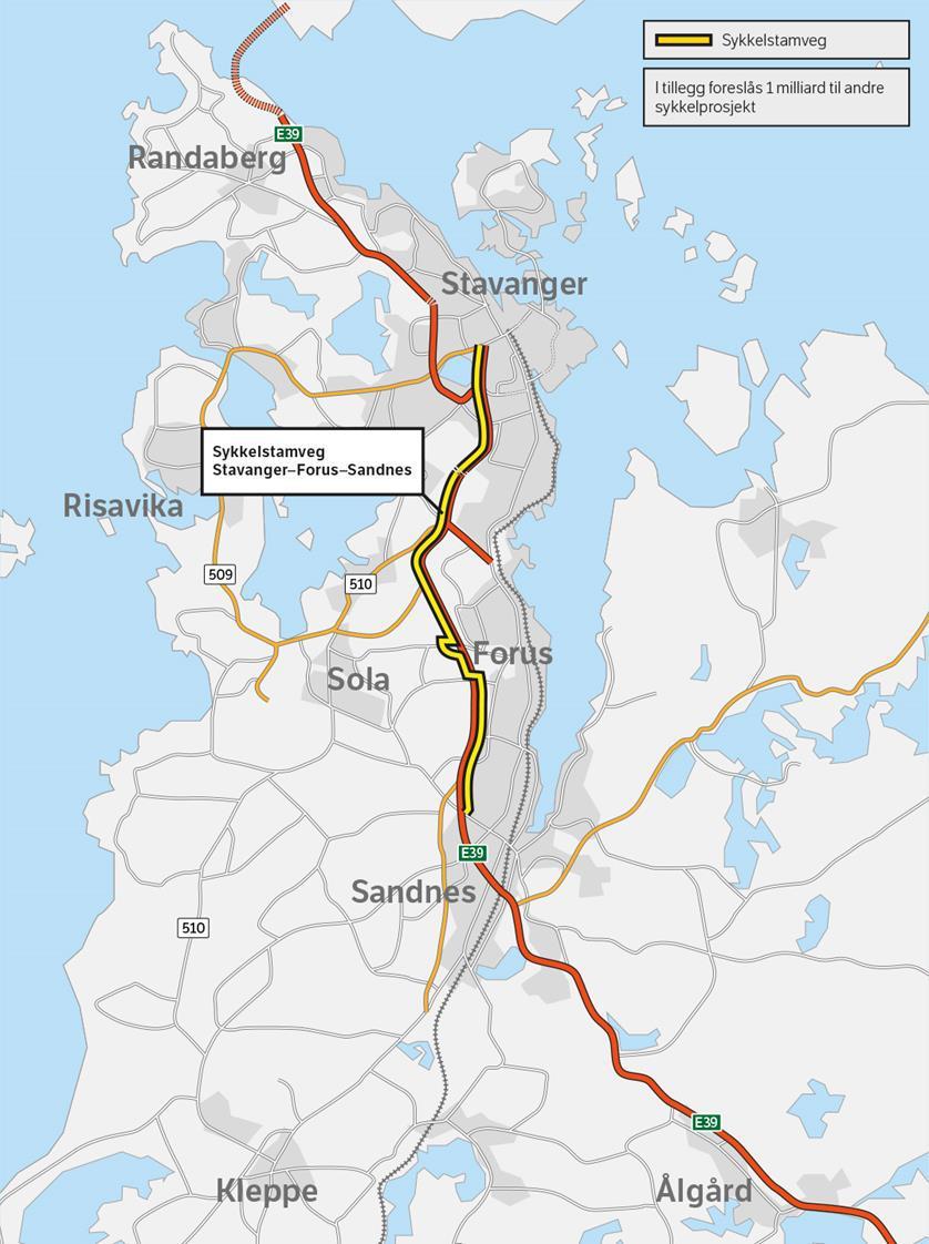 Rogaland Sykkelekspressveg Stavanger Sandnes (Sykkelstamvegen) 1,35 mrd. kr. Ny høg standard sykkelstamveg Stavanger Forus Stavanger. Omlag 13 km lang.