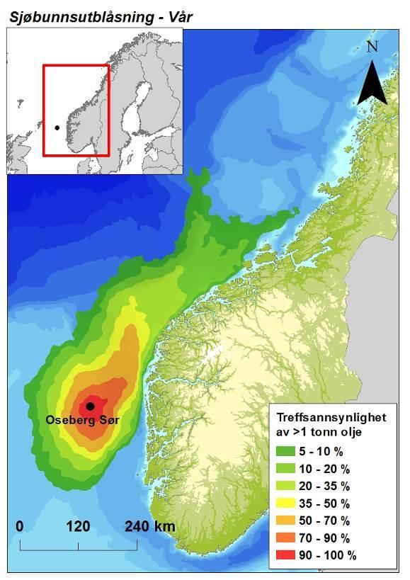 Figur 5-6 Sannsynligheten for treff av mer enn 1 tonn olje i 10 10 km sjøruter gitt en sjøbunnsutblåsning fra Oseberg Sør feltet i hver sesong.