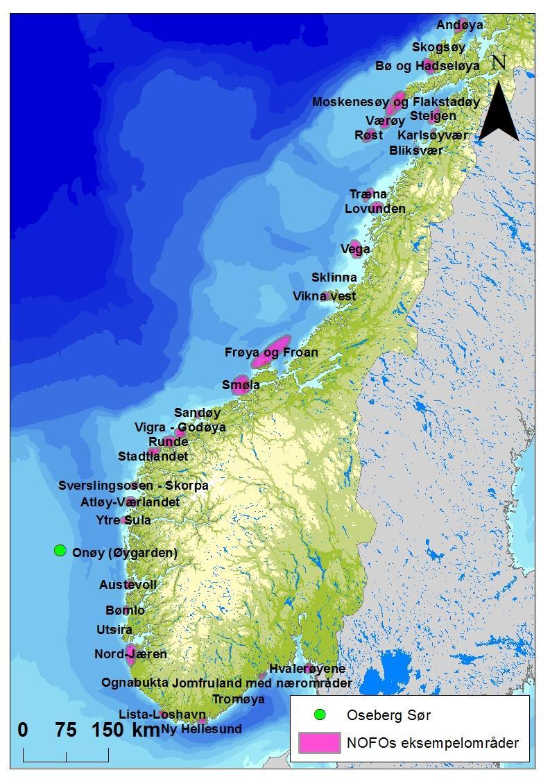 Figur 5-8 Lokasjon av eksempelområdene langs norskekysten (NOFOs eksempelområder)